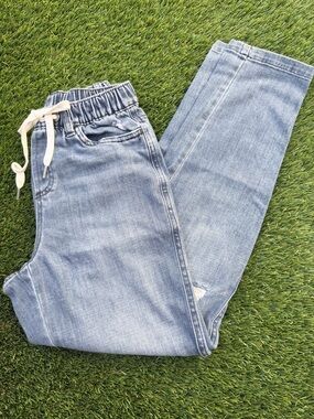 aerie light blue denim joggers with drawstring waist